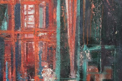 Lot 1086 - Joyce Pallot oil on board, Steel works by night