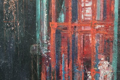 Lot 1086 - Joyce Pallot oil on board, Steel works by night