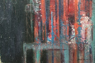 Lot 1086 - Joyce Pallot oil on board, Steel works by night