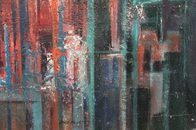 Lot 1086 - Joyce Pallot oil on board, Steel works by night