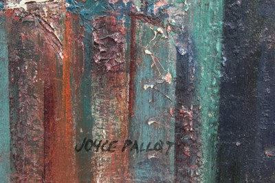 Lot 1086 - Joyce Pallot oil on board, Steel works by night
