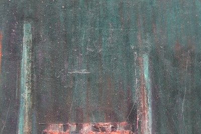 Lot 1086 - Joyce Pallot oil on board, Steel works by night