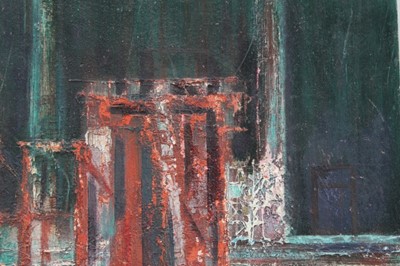 Lot 1086 - Joyce Pallot oil on board, Steel works by night