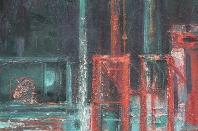 Lot 1086 - Joyce Pallot oil on board, Steel works by night