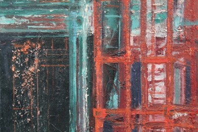 Lot 1086 - Joyce Pallot oil on board, Steel works by night