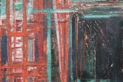 Lot 1086 - Joyce Pallot oil on board, Steel works by night