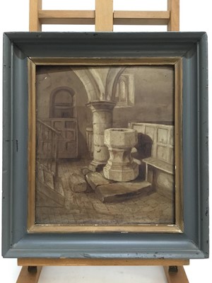 Lot 631 - 19th century, English School, oil on oak panel - A Church Interior, in painted frame, 30.5cm x 26.5cm, overall framed size 39.5cm x 36cm
