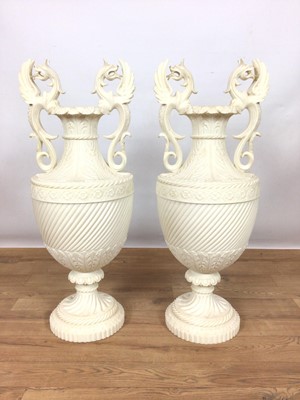 Lot 800 - Pair of classical form reconstituted alabaster twin handled urns