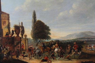 Lot 652 - English School, 19th century,  oil on canvas, hunt party in a landscape, in the 17th century tradition