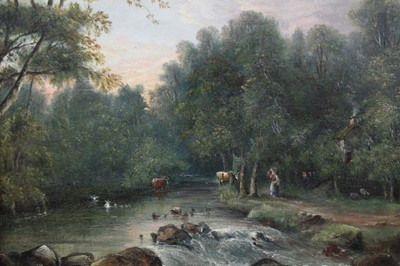 Lot 662 - English school, 19th century, oil on canvas, cattle fording a river, indistinctly signed and dated