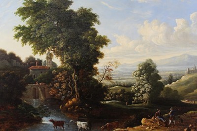 Lot 654 - Manner of Claude Lorraine - oil on canvas - Classical landscape with buildings, cattle and figures