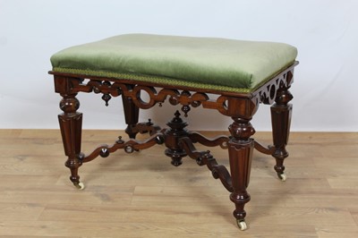 Lot 728 - Good quality Victorian walnut framed stool with green velvet upholstered top, carved decoration and ceramic castors