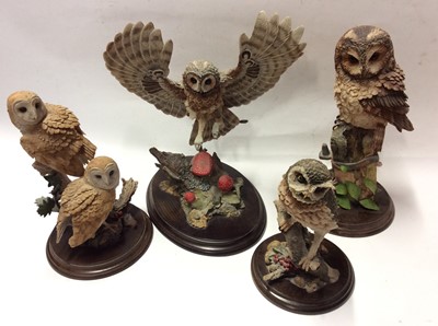 Lot 11 - Four Country Artists model owls, Dawn Raid, Tawny Owl with Honeysuckle, Barn Owl and Little Owl