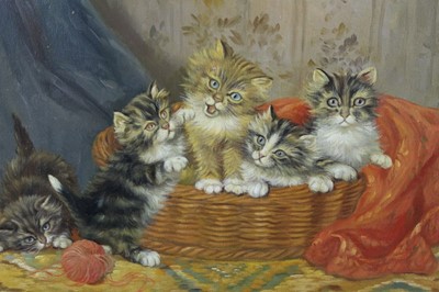 Lot 632 - Mid 19th century Continental School, oil on canvas, an interior scene with five kittens in basket, indistinctly signed, in gilt frame, 30 x 40cm