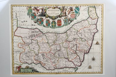 Lot 629 - Gerardum Valk et Petrum Schenk - hand coloured engraving in glazed frame - map of Suffolk 'Suffolcia vernacula Suffolke' 38.5cm x 51cm