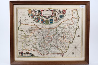 Lot 630 - Johannes Janssonius (1588-1664) - hand coloured engraving- Map of Suffolk 'Suffolcia vernacula Suffolke' 42.5cm x 54cm