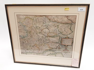 Lot 632 - William Kip after Christopher Saxton - hand coloured engraving- map of Essex 'Essexia Comitaatus', circa 1610 issue 28.5cm x 36cm