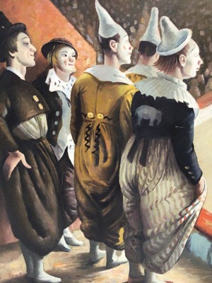 Lot 32 - After Laura Knight oil on board clowns