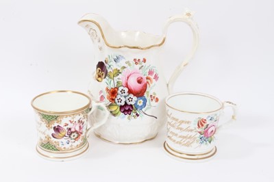 Lot 157 - Staffordshire flower painted jug, dated 1853, and two similar mugs
