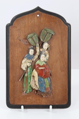 Lot 483 - Antique Chinese polychrome painted relief carved ivory panel, mounted on a wooden frame
