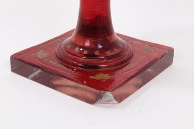 Lot 47 - Bohemian glass hookah base, decorated with gilt foliate patterns on a red ground, 29.5cm height