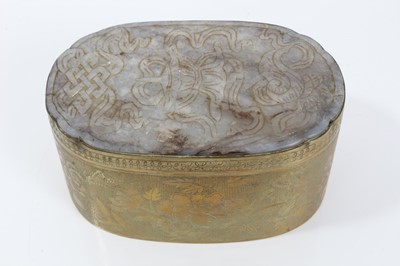 Lot 484 - Good quality Chinese pale celadon jade and engraved brass box, early 20th century, the jade engraved with auspicious symbols, the brass with flowers and butterflies, 11cm across x 5.5cm height