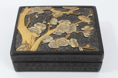 Lot 489 - Chinese black lacquered box, decorated in gilt relief with prunus blossom, signed inside, 14cm x 11cm x 5cm