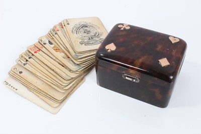 Lot 456 - Victorian tortoiseshell playing card box of rectangular form with domed hinged cover and silver hinge and internal clips, (London 1892), Atkin Brothers, 9.5cm across
