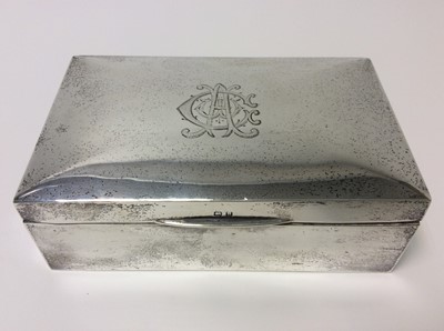Lot 151 - George V Silver cigarette box of rectangular form, domed hinged cover with engraved monogram and cedar lined interior, (Birmingham 1926), maker Henry Matthews, 14cm in length