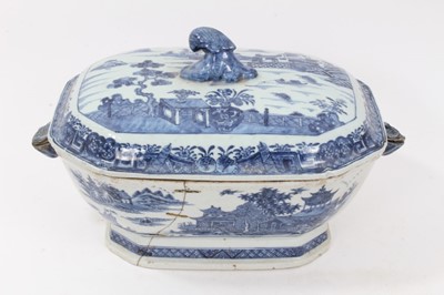 Lot 126 - 18th century Chinese blue and white export tureen, decorated with landscape scenes, 36cm across x 22cm height