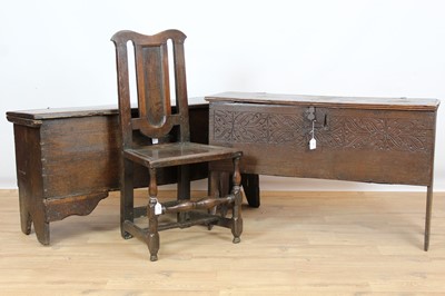 Lot 897 - Two late 17th century oak six plank coffers together with single late 17th century side chair