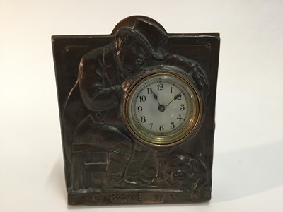 Lot 540 - Early 20th Century Copper mounted Desk clock, captioned 'Wake Up' Registration Number 545646 to front