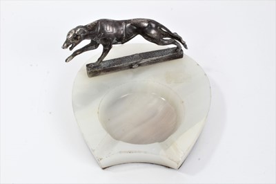 Lot 480 - 1930s white onyx ashtray, mounted with old Sheffield plate figure of racing Greyhound, by Asprey,  London