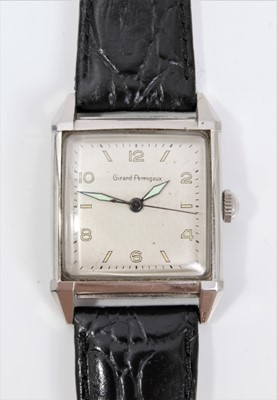 Lot 356 - Art Deco gentlemen's Girard-Perregaux wristwatch with manual wind movement, the square dial with Arabic and baton hour markers and luminous steel hands, curved square glass in a tank-shaped stainle...