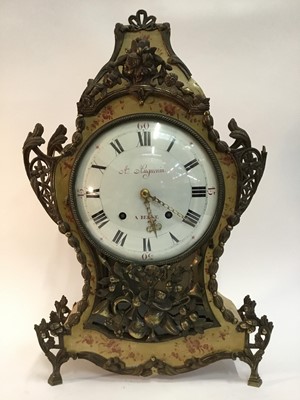 Lot 613 - 18th century Swiss bracket clock with white enamel dial signed 'Amand Huguenot A Berne' , quarter repeating movement striking on two bells in ornate painted and gilt metal mounted case with matchi...