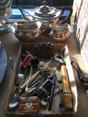 Lot 20 - Silver plated three piece teaset with fluted decoration together with silver plated cutlery and sundries