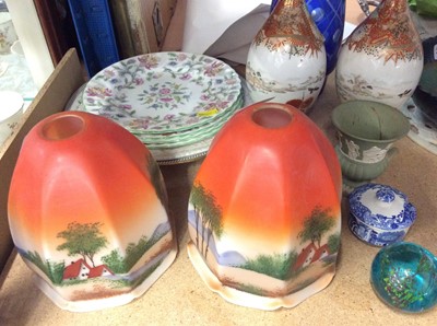 Lot 55 - Pair of 1930's painted glass light shades, together with Minton Haddon hall pattern plates, Japanese vases and sundries