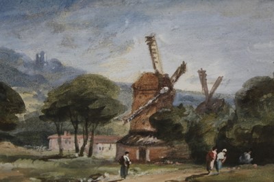 Lot 581 - William George Jennings (1763-1854) three watercolours - windmill in landscape and other views, in glazed gilt frames
