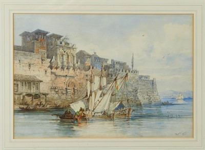 Lot 575 - Amadeo Preziosi (1816-1882) watercolour - fishing boats beside a harbour wall, probably Constantinople, signed and dated 1864, in glazed gilt frame