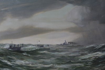 Lot 576 - Denis Fildes (1889-?) oil on canvas - Destroyers at sea, signed, in gilt frame