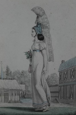 Lot 593 - Collection of sixteen French 19th century hand-coloured costume engravings, in glazed frames