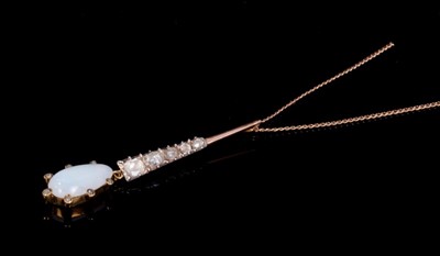 Lot 247 - Edwardian style opal and diamond pendant with an oval cabochon measuring approximately 13.5mm x 7.2mm, in rose cut diamond claw setting, suspended from a graduated line of five further rose cut dia...