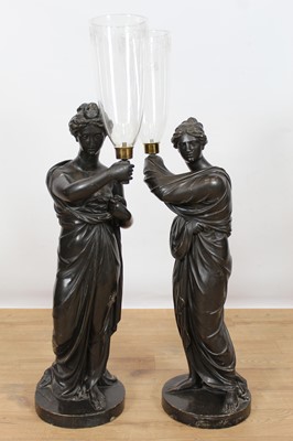 Lot 450 - Pair of impressive ebonised plaster neo-classical lamps after Humphrey Hopper