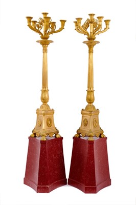 Lot 448 - Pair of impressive 19th century ormolu candelabra, on later bespoke painted wooden shaped stands