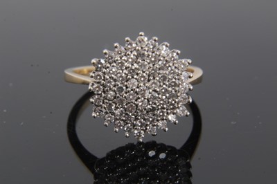 Lot 258 - Diamond cluster ring with a hexagonal cluster of 61 single cut diamonds in tiered claw setting on 9ct gold shank. Estimated total diamond weight approximately 0.60cts. Hallmarked London 1986. Ring...