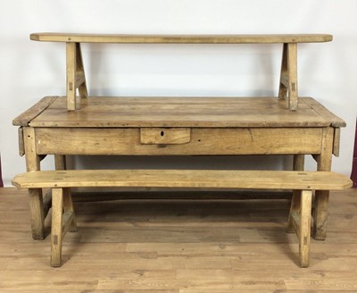 Lot 900 - 18th century beech wood Auverne farmhouse kitchen table, together with two later benches
