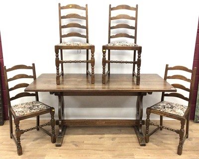 Lot 171 - Oak refectory dining table, 167cm x 76cm, and four ladder back chairs