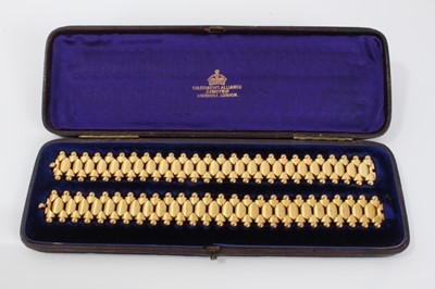 Lot 272 - Pair of Victorian gold Etruscan-revival bracelets with articulated gold links with ball terminals, approximately 18½cm length in original fitted box retailed by Goldsmith's Alliance Limited