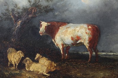 Lot 563 - Attributed to James Ward 1769-1859, oil on relined canvas, a bull and sheep in a stormy landscape, unframed, 30 x 35cm