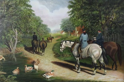 Lot 565 - John R Marshall, oil on canvas, a wooded landscape with elegant equestrian figures passing a duck pond, signed, in gilt frame, 49 x 75cm